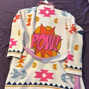 Colorful Graphic Knit Cardigan with 'POW!' Design
